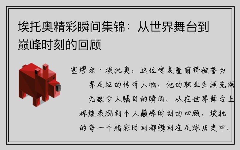 埃托奥精彩瞬间集锦：从世界舞台到巅峰时刻的回顾