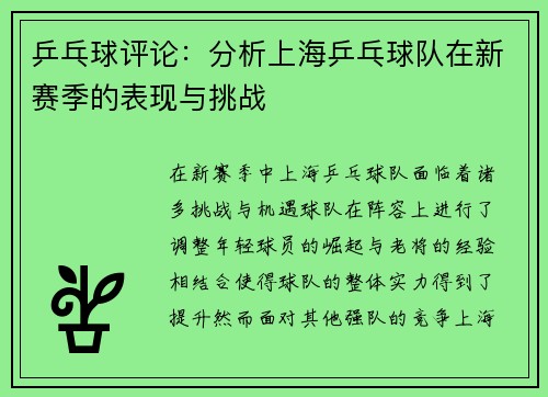 乒乓球评论：分析上海乒乓球队在新赛季的表现与挑战